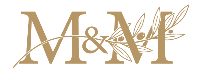 Logotipo M&M dorado con rama de olivo, boda Monserrat y Miguel Angel